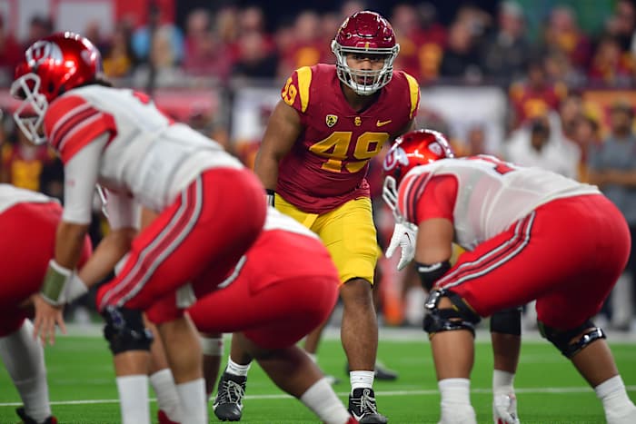 Las Vegas, NV, USA; Southern California Trojans defensive lineman Tuli Tuipulotu (49) against the Utah Utes during the first half of the PAC-12 Football Championship at Allegiant Stadium